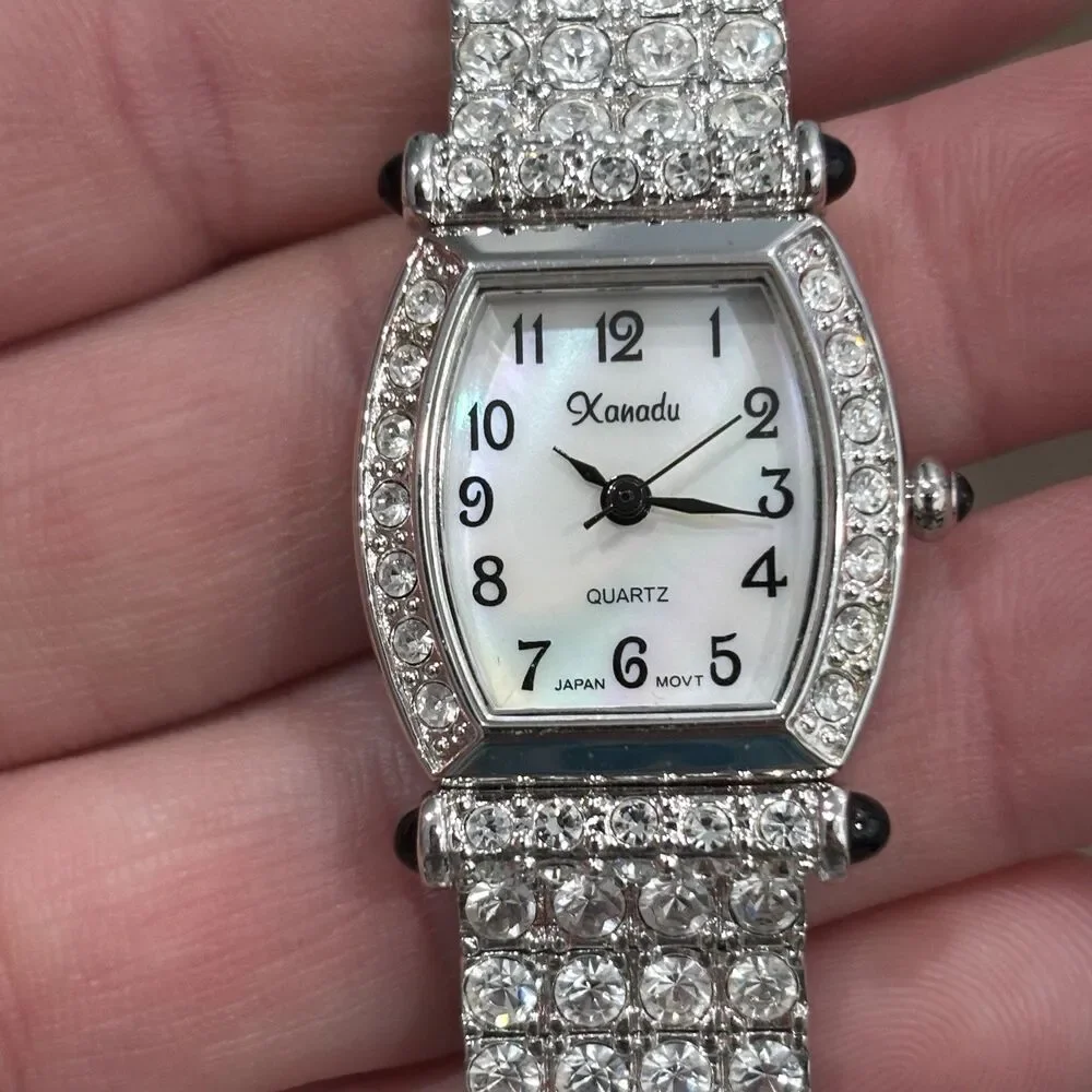 Vintage Xanadu Watch Rhinestone Silver Tone Bracelet MOP Needs Battery 6.75